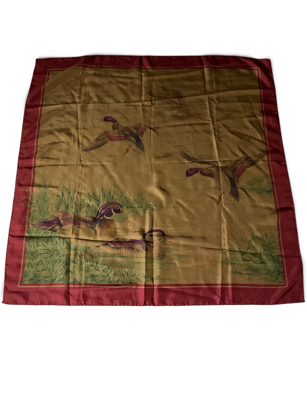 Vintage Macy’s 100% Silk Scarf Italy Wood Duck Waterfowl 34” Square